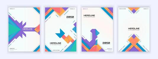 Dynamic business posters featuring geometric patterns in vibrant purple, blue, orange, and pink on a soft background vector