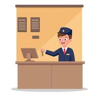 Hotel front desk receptionist in uniform smiling behind counter, handing over key in flat minimal art illustration with welcoming and professional atmosphere vector