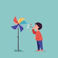 Young boy in red sweater blowing colorful pinwheel on grass flat minimal style illustration vector