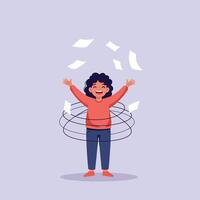 Happy child in red sweater surrounded by swirling flying papers minimal flat style art vector