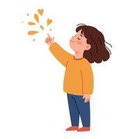 Smiling child with brown hair and orange sweater giving thumbs up with floating hearts in flat minimal art vector