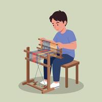 Young boy weaving colorful fabric on wooden loom in flat minimal art, sitting calmly and focused in a simple indoor creative workspace setting vector