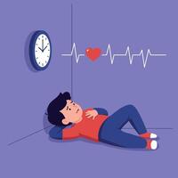 Young boy lying on floor in purple room with clock and heart rate flat minimal art vector