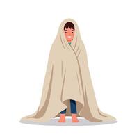 Young boy wrapped in beige blanket with relaxed expression, standing barefoot on white surface, minimal flat design illustration vector