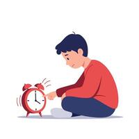 Young boy in red sweater sitting on floor and touching ringing alarm clock in minimal flat style art vector