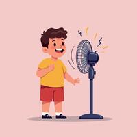 Smiling young boy in casual summer clothes enjoying cool breeze from electric fan flat minimal art vector