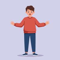 Young boy in red sweater with surprised expression in flat minimal design standing alone, hands raised, casual pose, calm mood illustration vector