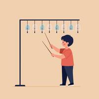 Young boy striking chimes with sticks in flat minimal art, joyful child exploring musical instruments in a calm indoor setting with warm tones vector