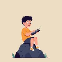 Young boy with dark hair sitting on a rock using a remote control in playful flat minimal art vector