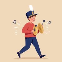 Young boy in festive marching band uniform playing cymbals with cheerful expression, flat minimal design, lively parade atmosphere illustration vector