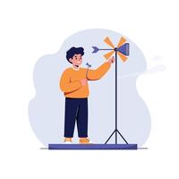 Young boy adjusting orange wind vane device in minimal flat style art, cheerful learning activity outdoors, educational and playful atmosphere for children vector