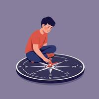 Young boy sitting on large compass in minimal flat style, exploring directions with curiosity and focus, thoughtful mood illustration vector