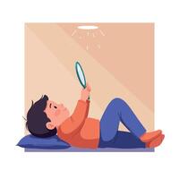 Young boy wearing orange sweater lying on floor and playing with magnifying glass in soft flat minimal art vector