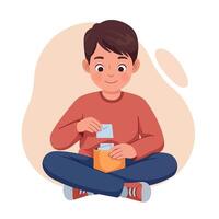 Smiling boy with brown hair in casual clothes sitting cross-legged opening a yellow envelope, flat minimal style illustration vector