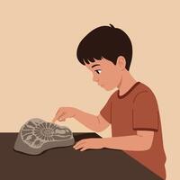 Young boy examining gray fossilized shell on table in minimal flat design illustration with calm educational atmosphere vector