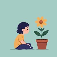 Young child sitting cross-legged observing potted sunflower in flat minimal style art, peaceful indoor scene with simple shapes and soft pastel colors vector