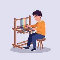 Young boy weaving colorful threads on traditional loom flat minimal art in calm studio setting with focused atmosphere and creative textile activity depicted vector