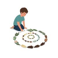 Young boy creating spiral pattern with natural objects in flat minimal style art emphasizing curiosity and creativity in a calm indoor or outdoor setting illustration vector