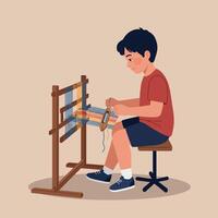 Young boy weaving colorful fabric on wooden loom in flat minimal style illustration with calm creative atmosphere and focused crafting activity vector
