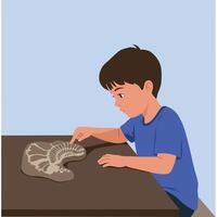 Young boy examining fossil on brown table in flat minimal style illustration focused on curiosity and scientific discovery indoors vector