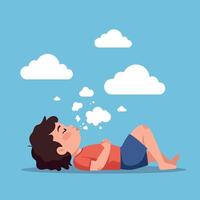 Young boy lying on green grass under blue sky with drifting clouds, relaxed and thoughtful, flat minimal art vector