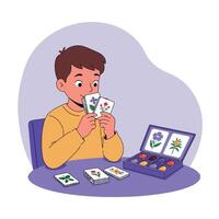 Young boy examining flower cards at table with flat minimal style, colorful objects, and playful educational mood in illustration art vector