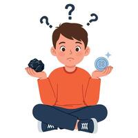Young boy sitting cross-legged in minimal flat design holding coal and button with confused expression art vector