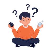 Confused young boy in orange sweater sitting cross-legged holding two different objects in flat minimal art style with puzzled expression and question marks above vector