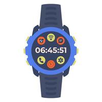 Smart watch icon isolated on white background. Modern Hand watch with black strap. Circle Smart watch top view. Digital watch with App icons. vector