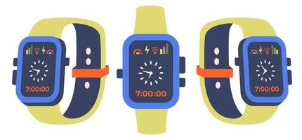 Smart watch icon isolated. Electronic gadgets set. Trendy Hand watch with Colour strap and Square watch screen. Smart watch top view. Digital watch with App icons. illustration vector