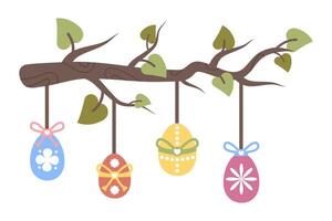 Easter eggs isolated. Colorful painted Easter eggs hanging on a blooming branch. Set of colour decorative Easter elements. Traditional holiday decoration, spring vibes, festive mood. vector