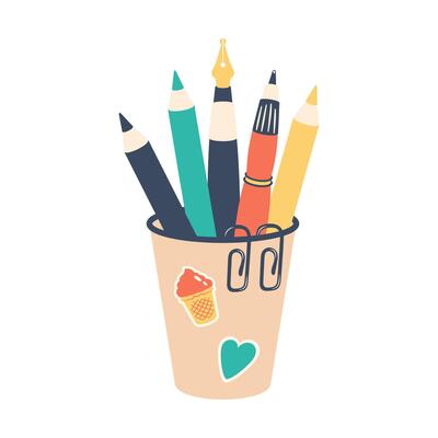 Pencils, pens, paperclip in paper cups with stickers. School equipment. Hand drawn Doodle School elements, stationery subjects. Office supplies. flat illustration