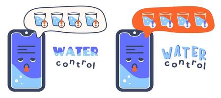 Cute Cartoon character Smartphone with message. Phone showing daily reminder to drink water. Smart device screen with hydration reminder. Alarm and Notification on phone about drinking water. vector