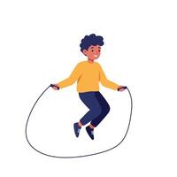 Smiling young boy with curly hair in yellow sweater skipping rope in flat minimal style playful illustration art vector