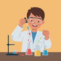Smiling young boy scientist in lab coat mixing colorful chemicals with glassware in minimal flat art illustration vector