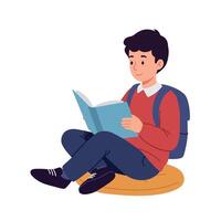 Young boy with dark hair wearing casual clothes and backpack reading a book while seated cross-legged, minimal flat design illustration vector