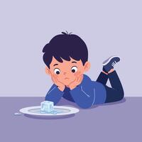 Young boy in blue clothing lying on floor observing melting ice cube on white plate in flat minimal art scene with curious thoughtful atmosphere vector