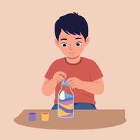 Young boy creating colorful sand art in glass jar, flat minimal design, focused on crafting activity at table, cheerful and creative mood illustration vector