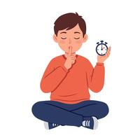 Young boy sitting cross legged in minimal flat style holding stopwatch and making quiet gesture illustration vector