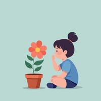 Young girl with ponytail admiring potted red flower in calm setting, minimal flat design art vector