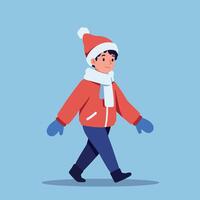 Young boy in red winter jacket and hat walking outdoors in flat minimal style cheerful illustration vector