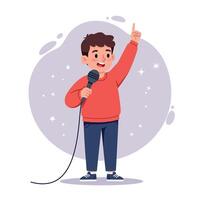 Young boy in red sweater holding microphone singing confidently flat minimal style illustration with cheerful expression and raised finger in a starry playful atmosphere art vector
