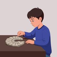 Curious young boy in blue shirt examining large fossil shell on table in flat minimal art illustration with thoughtful scientific mood vector
