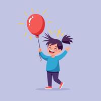 Smiling young girl with pigtails holding bright red balloon in playful flat minimal art with cheerful and energetic mood vector