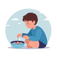 Young boy in blue clothes playing with paper boat in water bowl flat minimal art vector