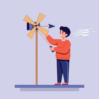 Young boy in red sweater adjusting wooden windmill in minimal flat style art with calm and educational atmosphere and soft neutral background tones