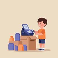 Smiling young boy using a modern voting machine flat minimal art in a simple indoor setting with cardboard boxes and colorful containers around him vector