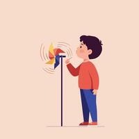 Young boy blowing on colorful pinwheel in flat minimal style art showing playful curiosity and joyful mood in a simple indoor setting illustration vector