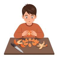 Young boy peeling orange segments on brown table flat minimal art with focused expression and scattered fruit slices creating a calm domestic kitchen scene illustration vector