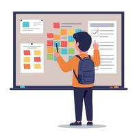 Young student with backpack organizing colorful sticky notes on classroom board in flat minimal art style educational illustration vector